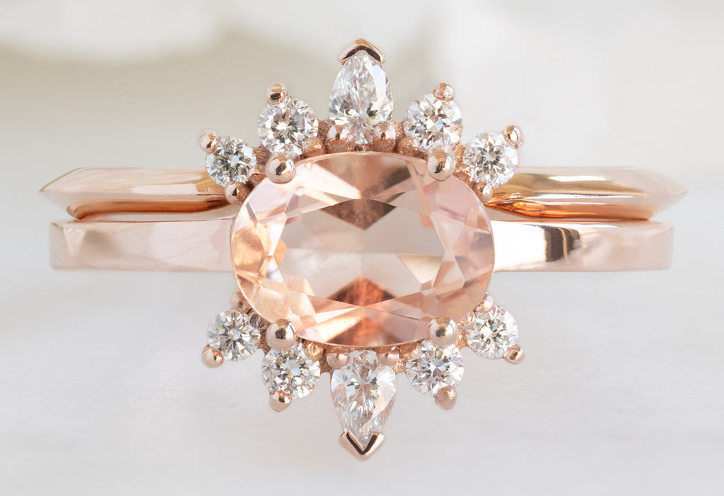 The Lotus Ring with an Oval-Cut Sunstone with Open Cuff Knife-Edge Stacking Band