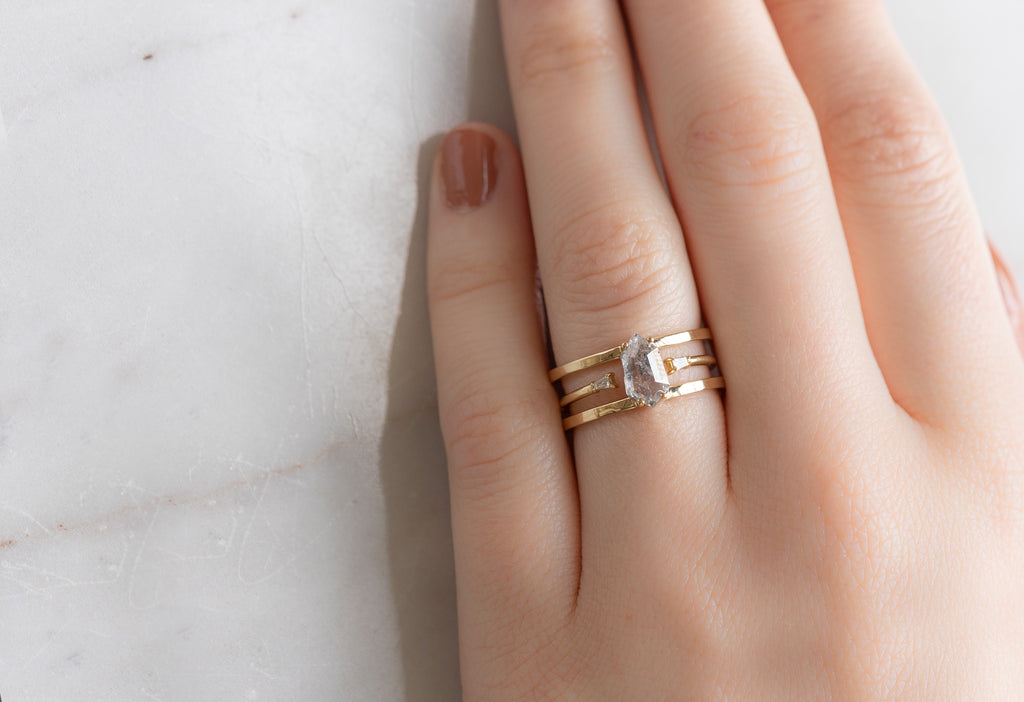 The Poppy Ring with a Geometric Salt and Pepper Diamond with Stacking Band on Model