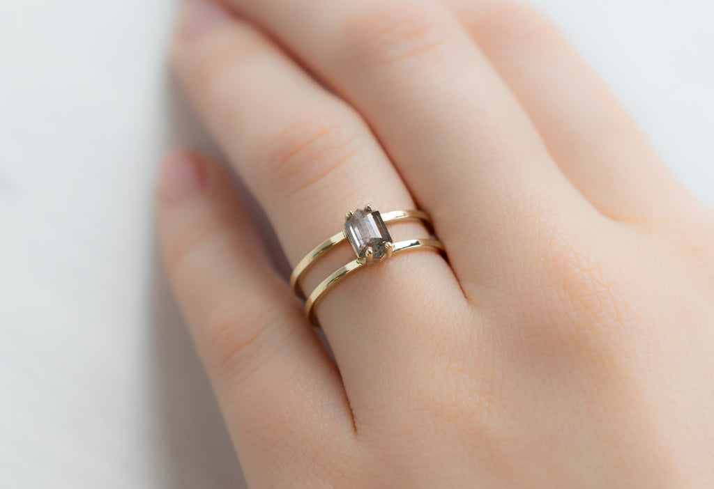 The Poppy Ring with a Salt and Pepper Hexagon Diamond on Model