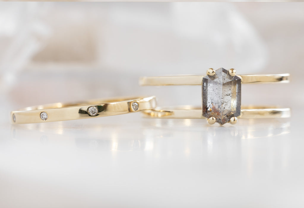 The Poppy Ring with a Salt and Pepper Hexagon Diamond with Diamond Eternity Stacking Band