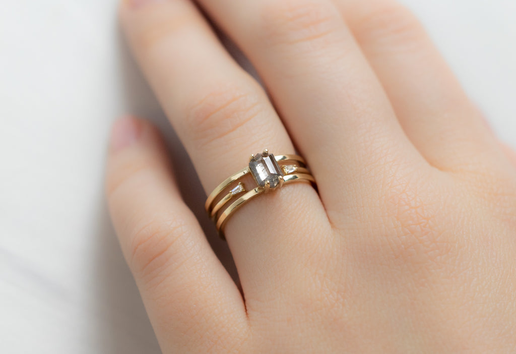 The Poppy Ring with a Salt and Pepper Hexagon Diamond with Open Cuff Baguette Stacking Band