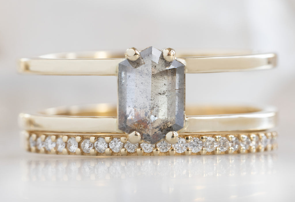 The Poppy Ring with a Salt and Pepper Hexagon Diamond with Pavé Diamond Stacking Band