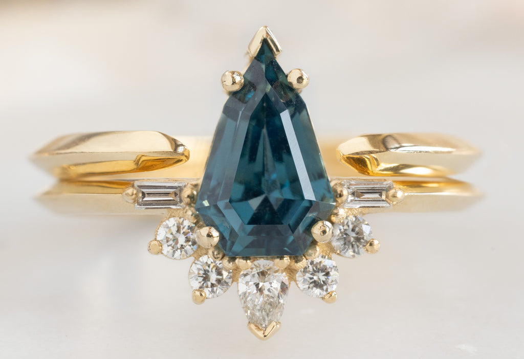 The Post Ring with a Geometric Sapphire with Open Cuff Knife Edge Stacking Band