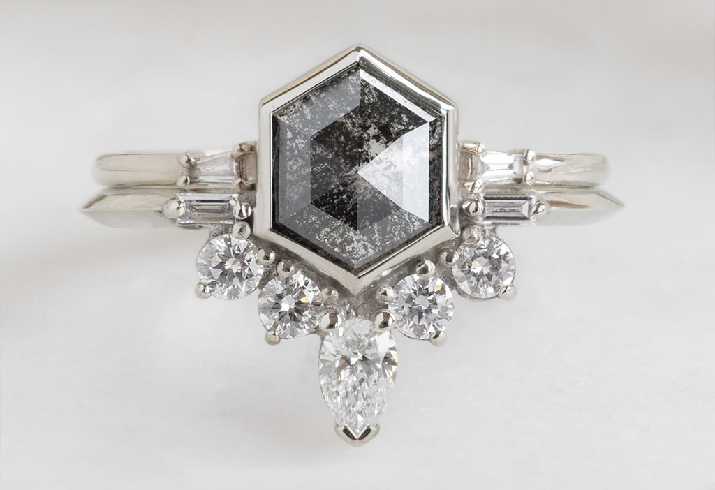 The Posy Ring with a Black Hexagon Diamond with Open Cuff Baguette Stacking BAnd