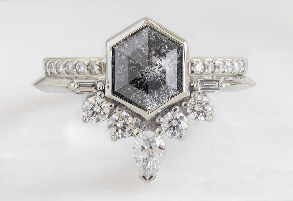 The Posy Ring with a Black Hexagon Diamond with Open Cuff Pavé Wedding Band