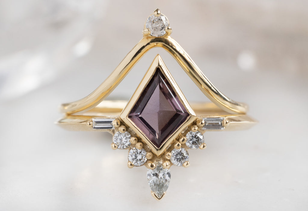 The Posy Ring with a Kite-Shaped Violet Sapphire with Diamond Crown Stacking Band