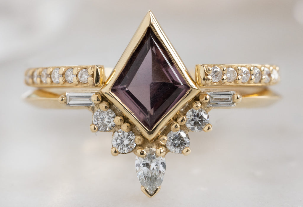 The Posy Ring with a Kite-Shaped Violet Sapphire with Open Cuff Stacking Band
