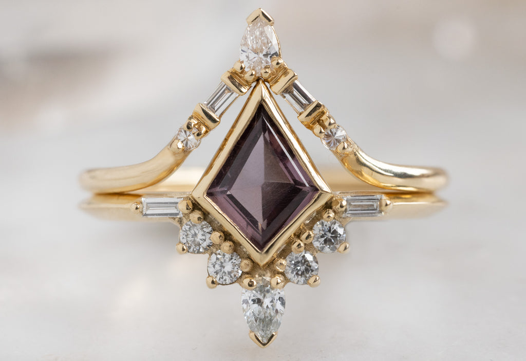 The Posy Ring with a Kite-Shaped Violet Sapphire with White Diamond Tiara Stacking Band