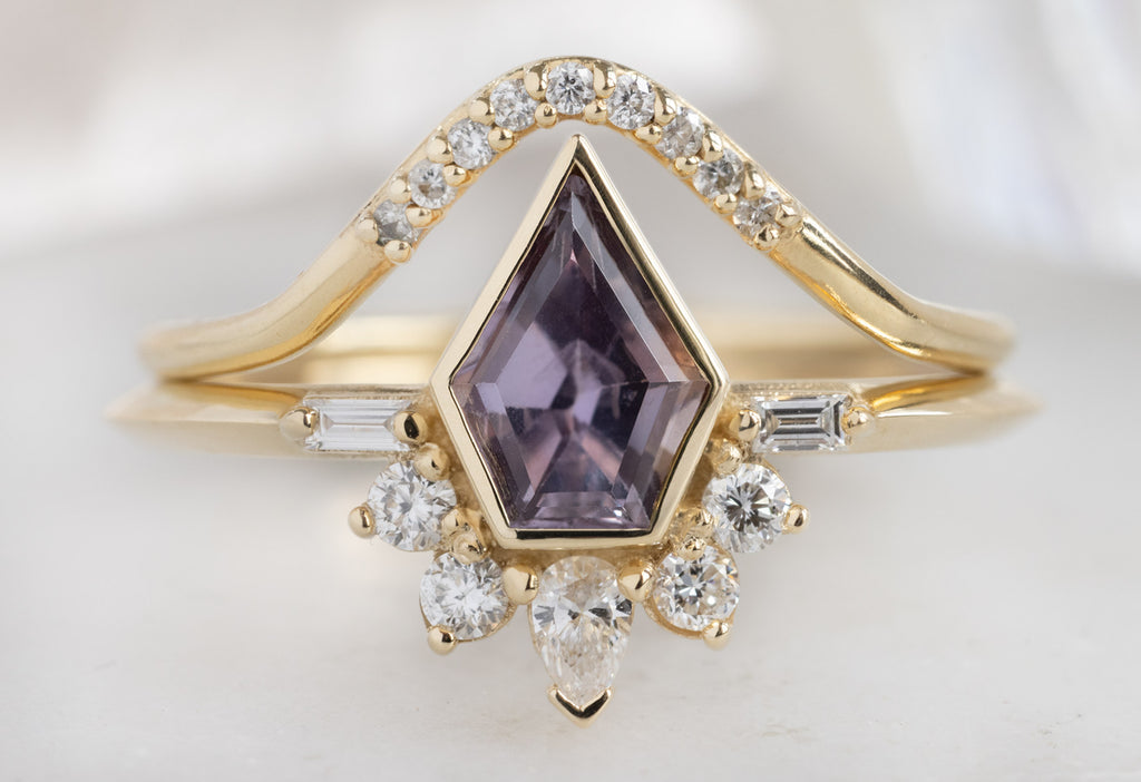 The Posy Ring with a Shield-Cut Violet Sapphire with Pavé Arc Stacking Band