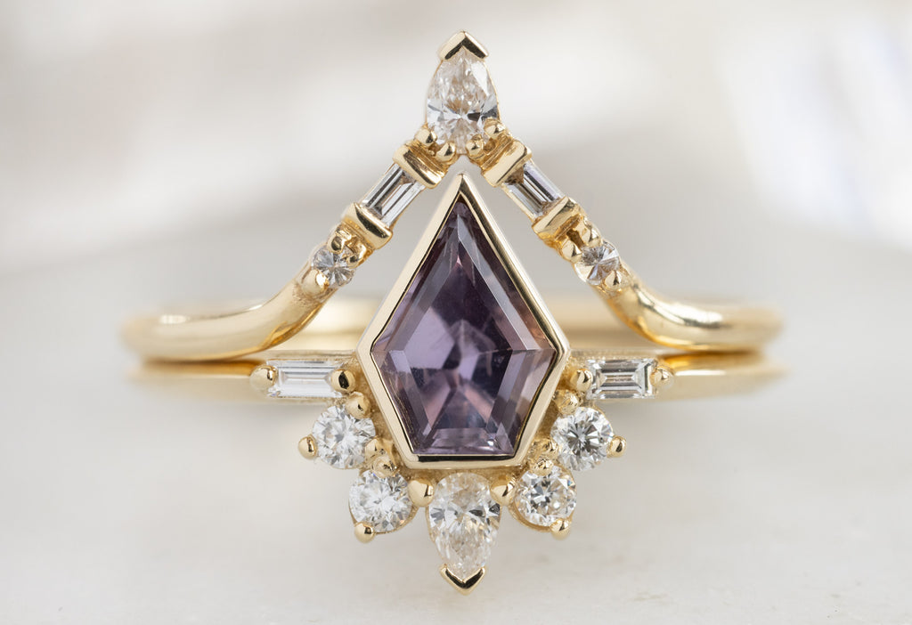 The Posy Ring with a Shield-Cut Violet Sapphire with White Diamond Tiara Stacking Band