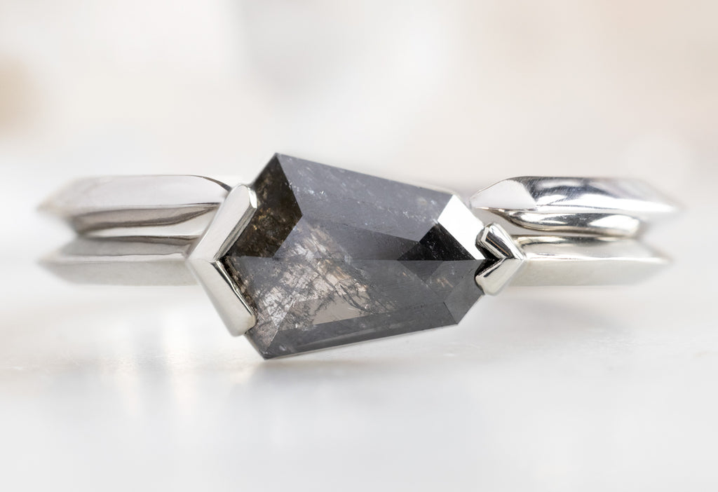 The Sage Ring with a Black Geometric Diamond with Open Cuff Knife Edge Stacking Band