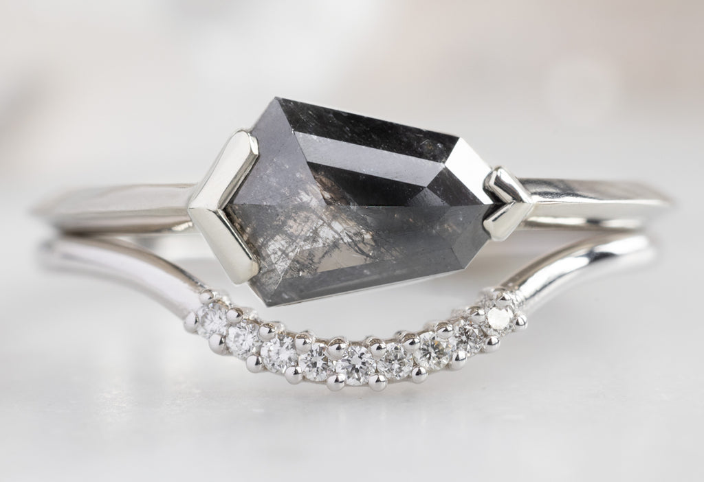 The Sage Ring with a Black Geometric Diamond with Pave Diamond Arc Stacking Band