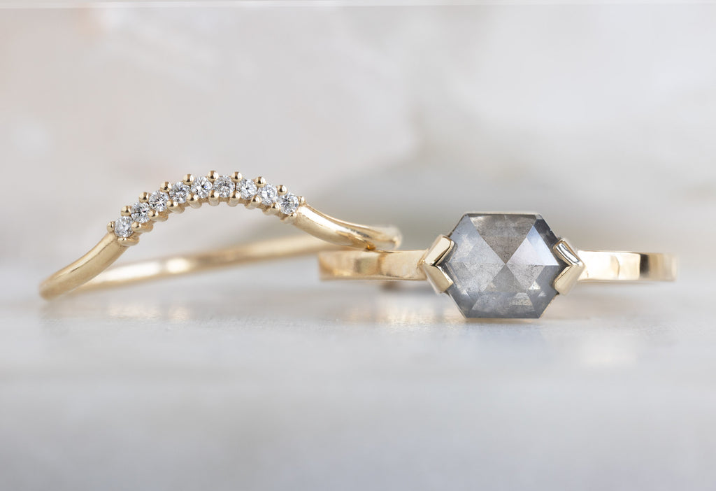 The Sage Ring with a Opalescent Grey Hexagon Diamond with Stacking Band