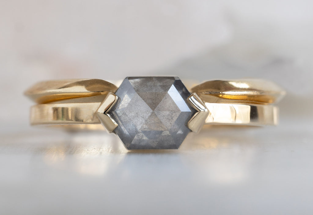 The Sage Ring with a Opalescent Grey Hexagon Diamond with Stacking Band