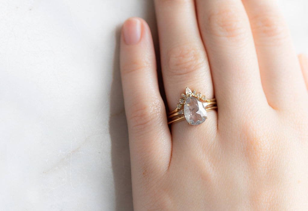The Sage Ring with a Rose-Cut Icy White Diamond with White Diamond Stacking Bands