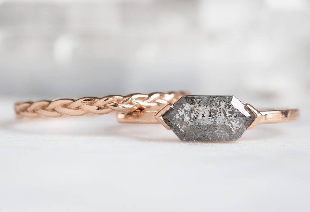The Sage Ring with a Salt and Pepper Hexagon Diamond with Braided Stacking Band