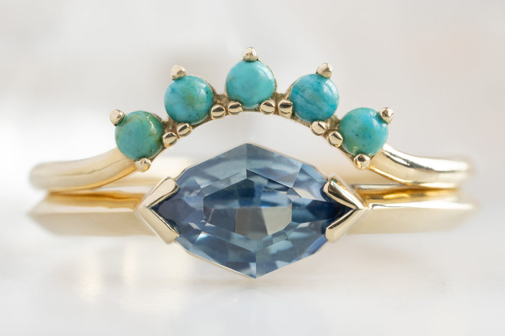 The Sage Ring with an Artisan-Cut Sapphire with Turquoise Wedding Band