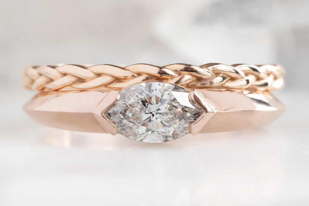 The Signet Ring with a Salt and Pepper Marquise Diamond with Braided Stacking Band