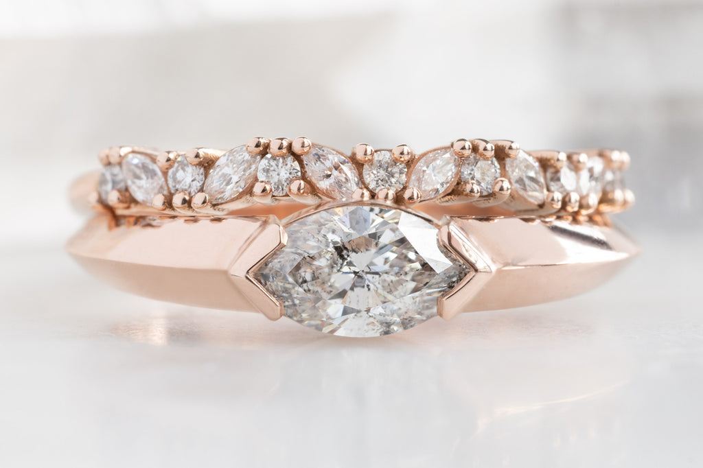 The Signet Ring with a Salt and Pepper Marquise Diamond with Marquise Confetti Stacking Band