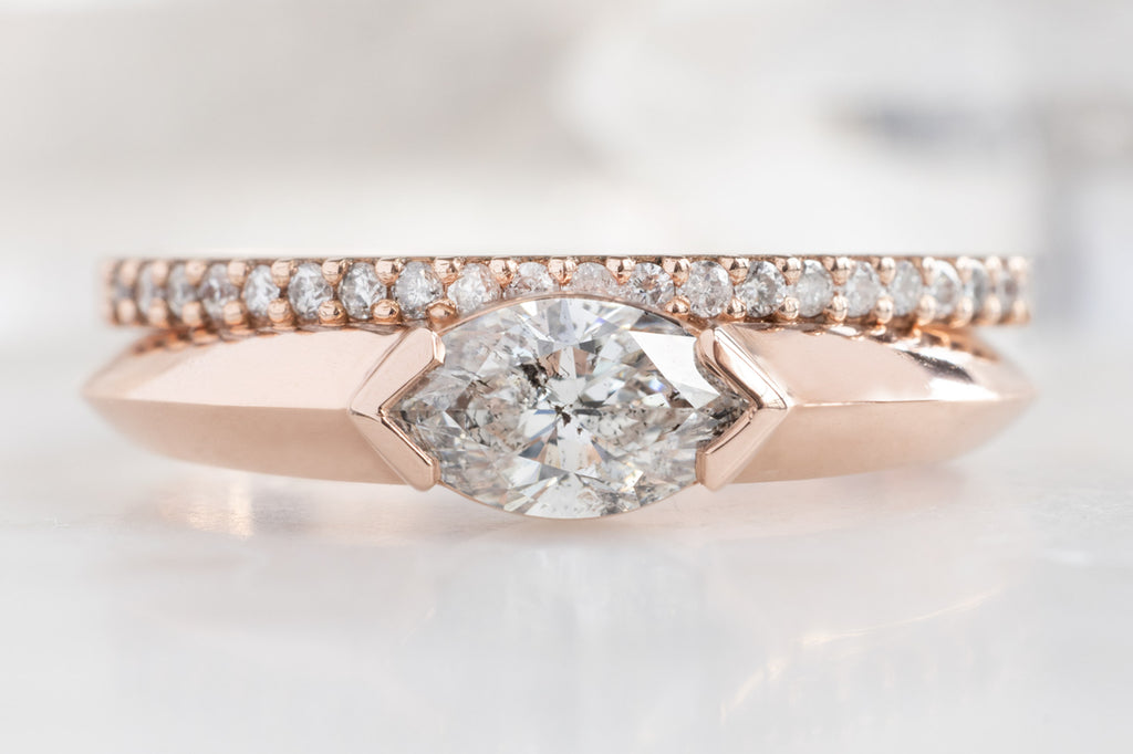 The Signet Ring with a Salt and Pepper Marquise Diamond with White Diamond Pavé Stacking Band