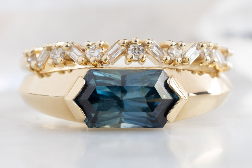 The Signet Ring with a Sapphire Hexagon with White Diamond Confetti Stacking Band