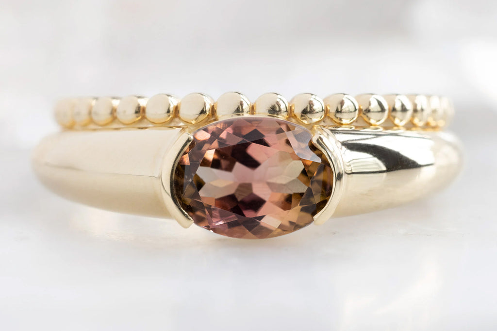 The Signet Ring with an Oval-Cut Bicolor Tourmaline with Beaded Stacking Band