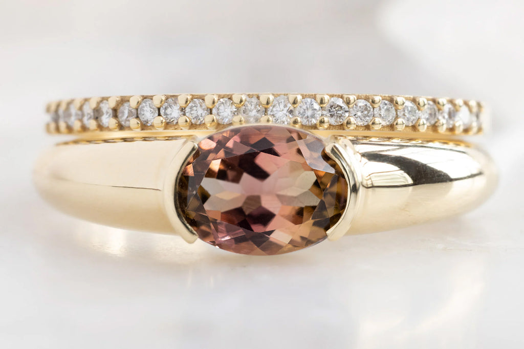 The Signet Ring with an Oval-Cut Bicolor Tourmaline with Pavé Stacking Band