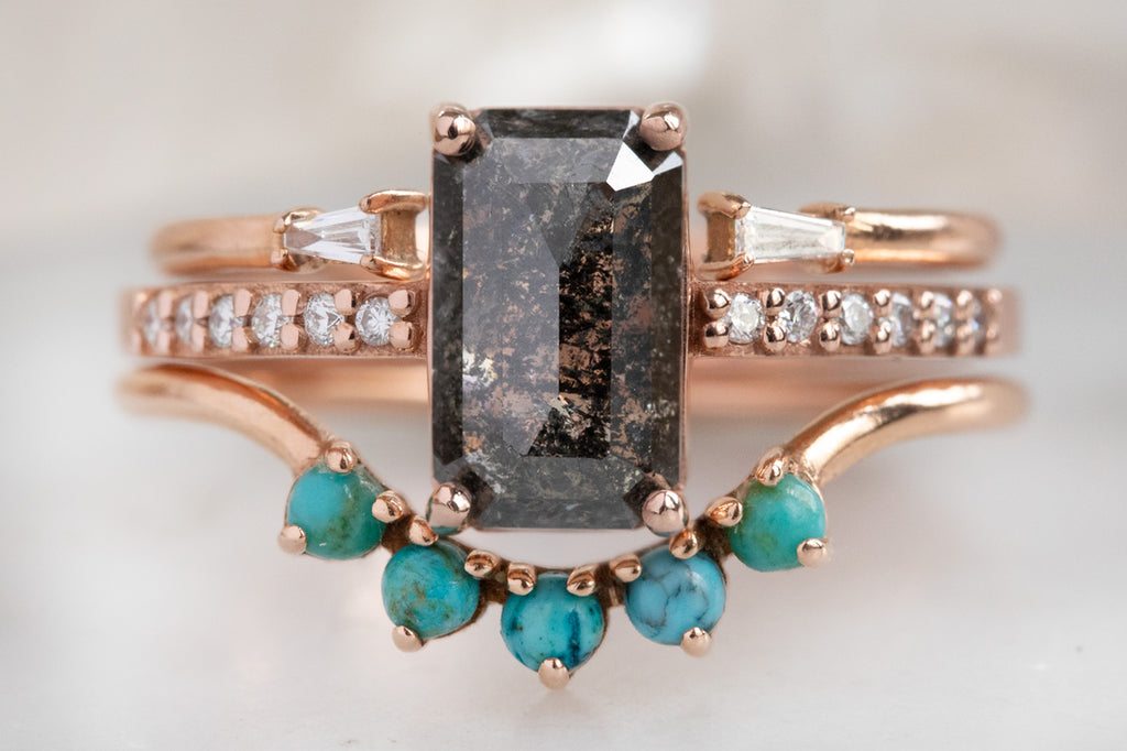 The Willow Ring with an Emerald Cut Black Diamond with Stacking Bands