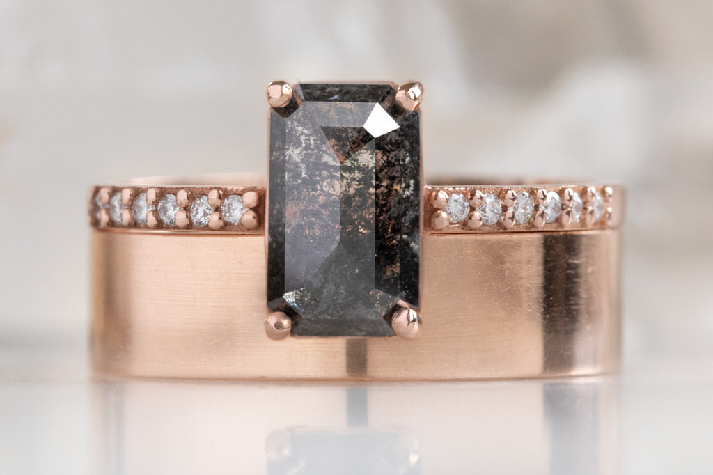The Willow Ring with an Emerald Cut Black Diamond with Stacking Band