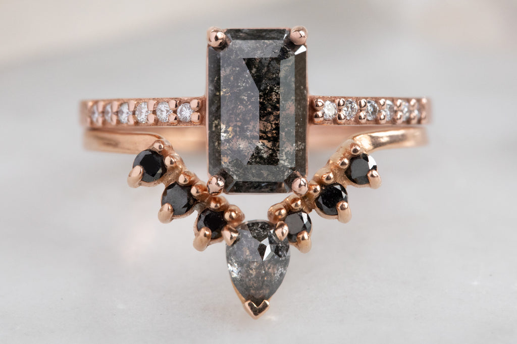The Willow Ring with an Emerald Cut Black Diamond with Stacking Band