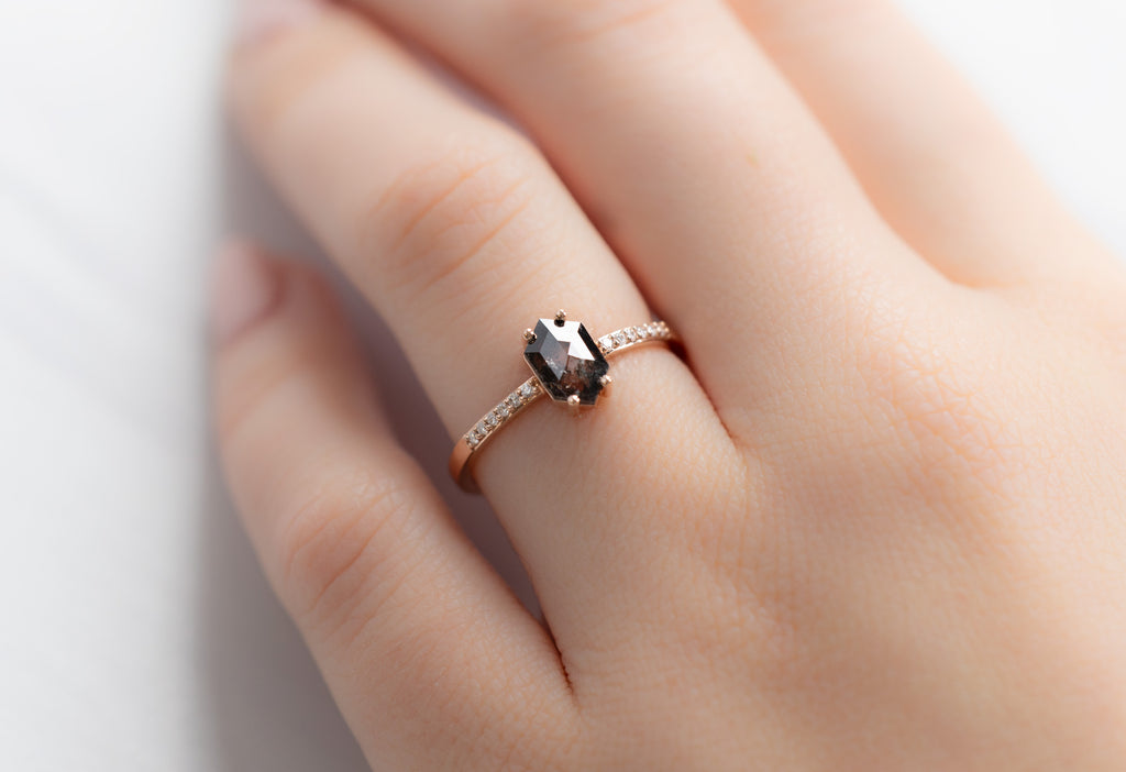 The Willow Ring with a Black Hexagon Diamond on Model