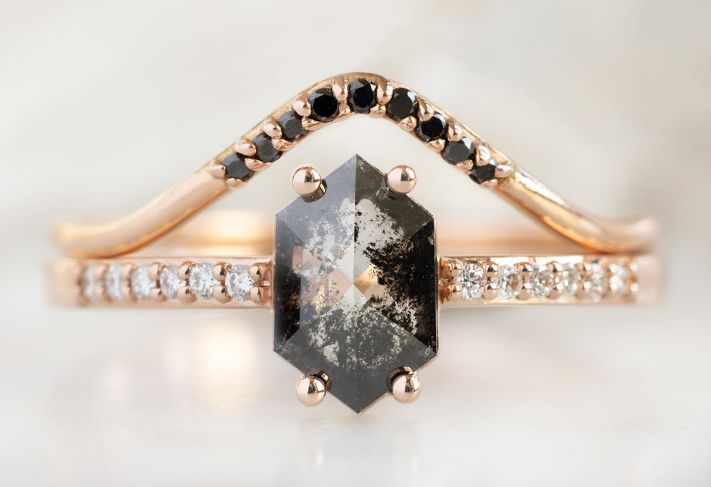 The Willow Ring with a Black Hexagon Diamond with Black Pavé Stacking Band