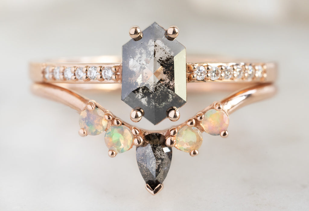 The Willow Ring with a Black Hexagon Diamond with Opal and Diamond Sunburst Stacking Band