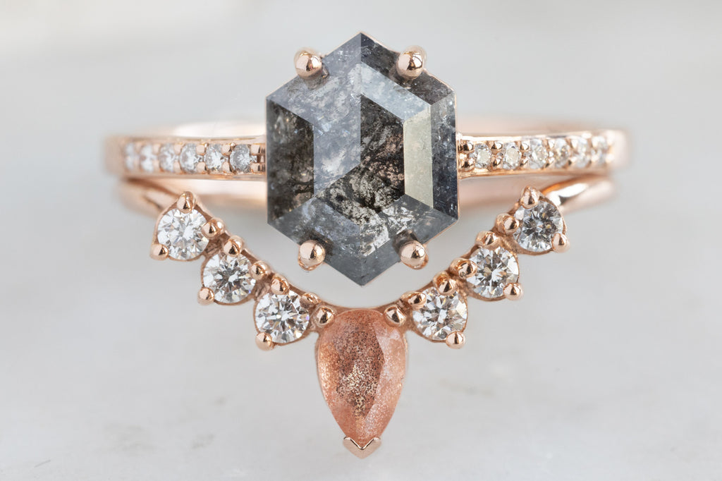 The Willow Ring with a Black Hexagon Diamond with Sunstone Stacking Band
