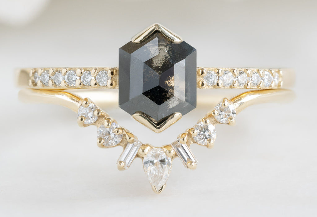 The Willow Ring with a Black Hexagon Diamond with White Diamond Geometric Sunburst Stacking Band