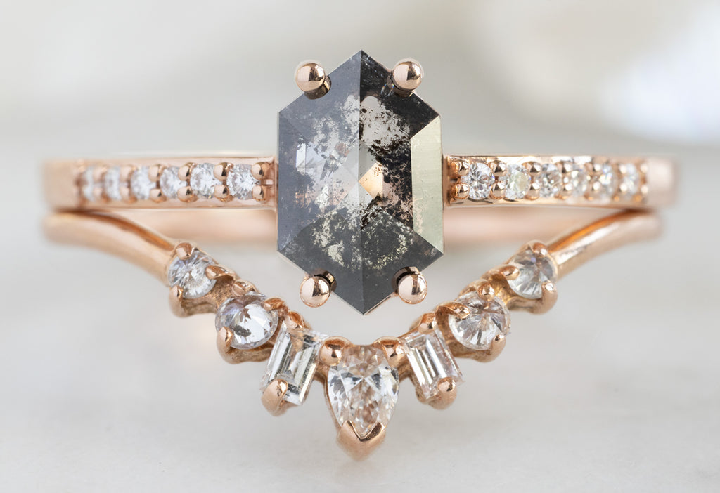 The Willow Ring with a Black Hexagon Diamond with White Diamond Geometric Stacking Band