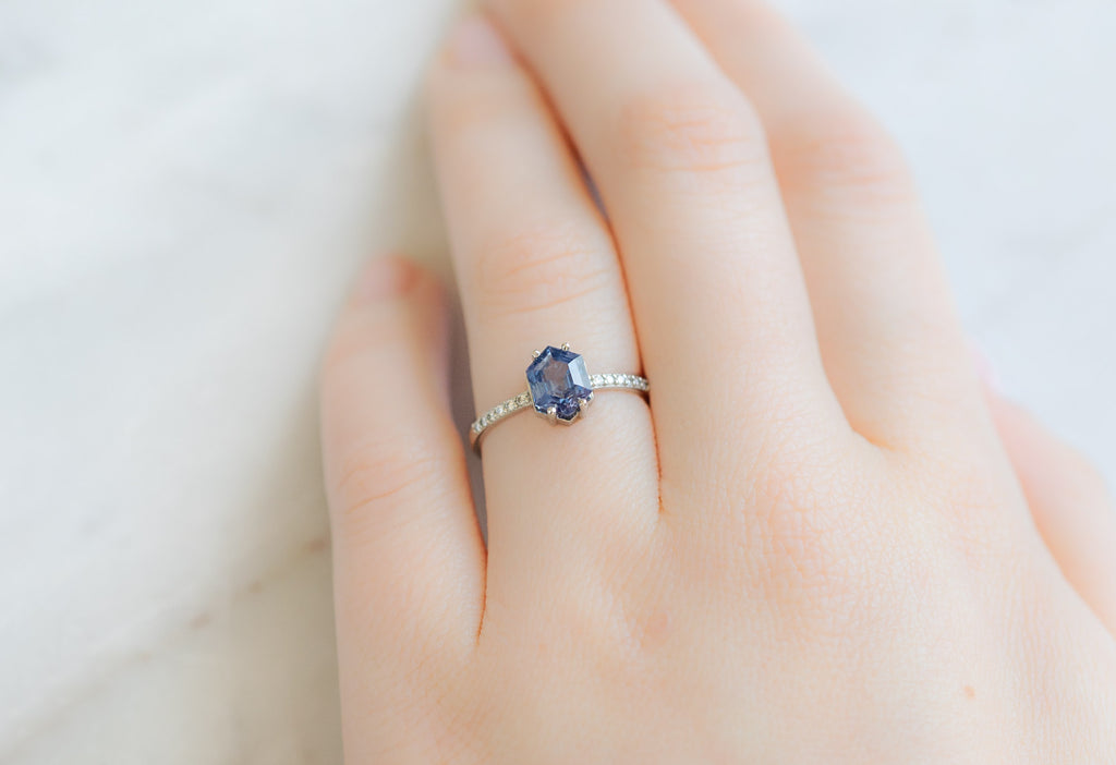 The Willow Ring with a Blue Violet Sapphire on Model
