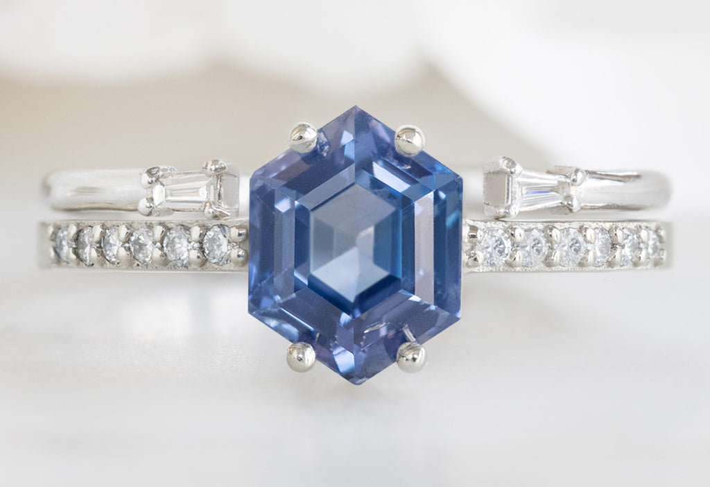 The Willow Ring with a Blue Violet Sapphire with Open Cuff Baguette Stacking Band