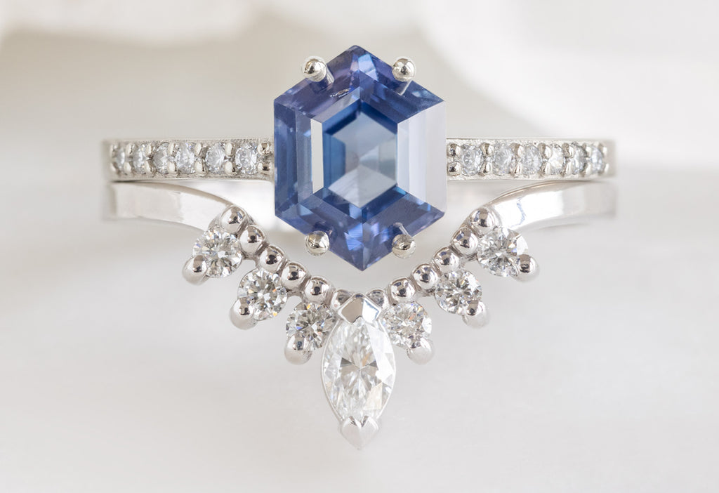 The Willow Ring with a Blue Violet Sapphire with White Diamond Sunburst Stacking Band