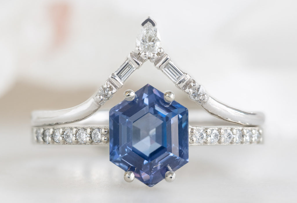 The Willow Ring with a Blue Violet Sapphire with White Diamond Tiara Stacking Band
