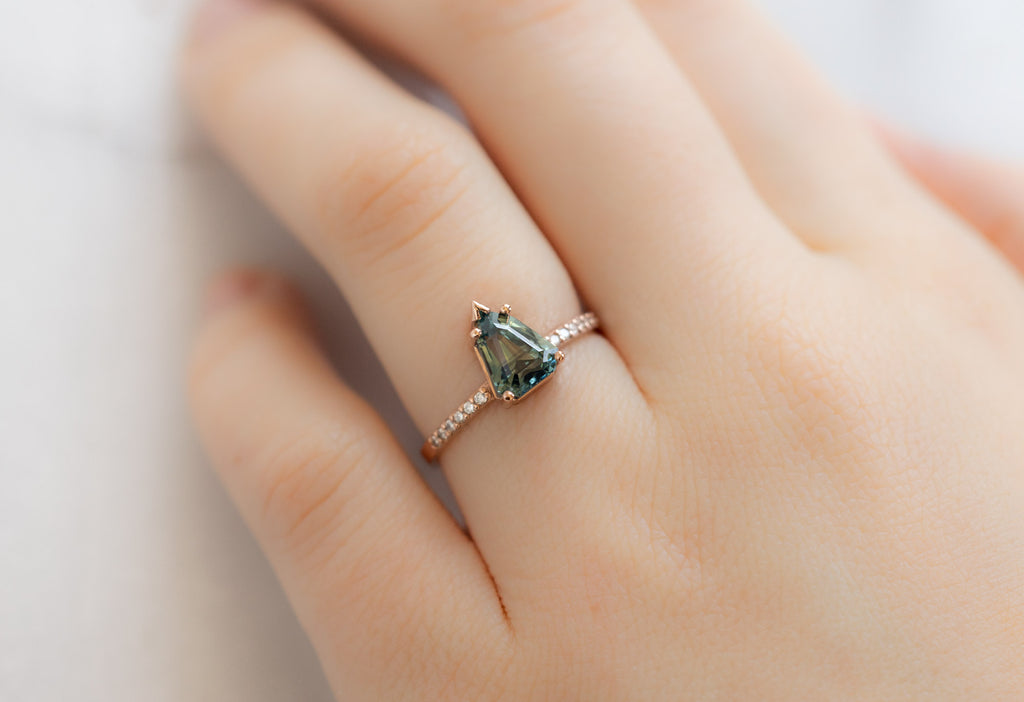 The Willow Ring with a Geometric Sapphire on Model