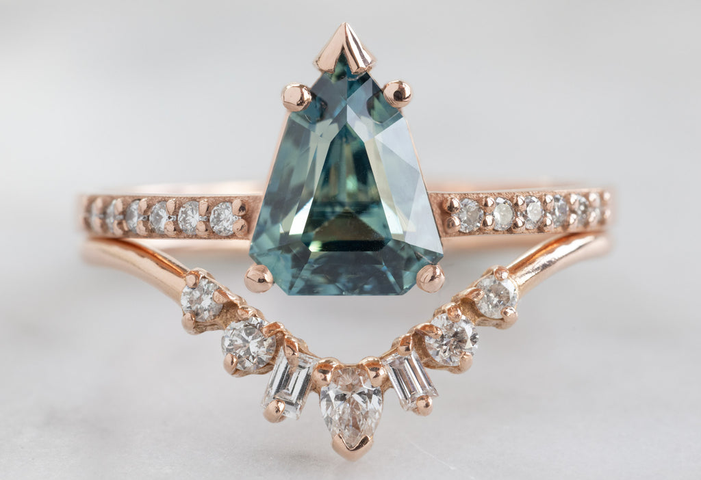 The Willow Ring with a Geometric Sapphire with Geometric Diamond Sunburst