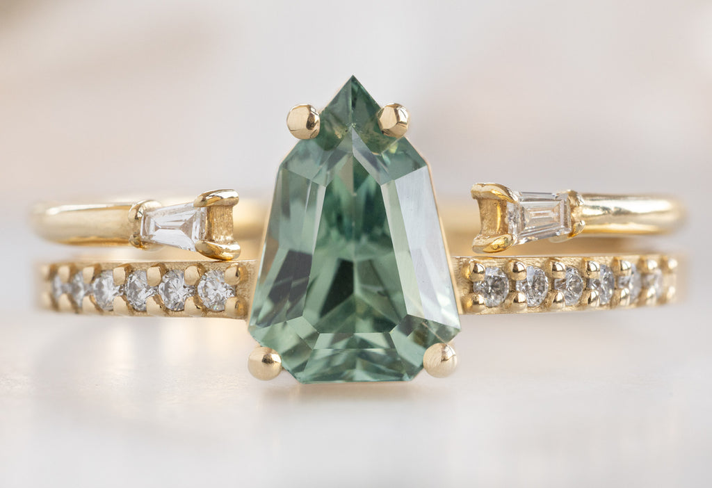 The Willow Ring with a Geometric Sapphire with Open Cuff Baguette Stacking Band