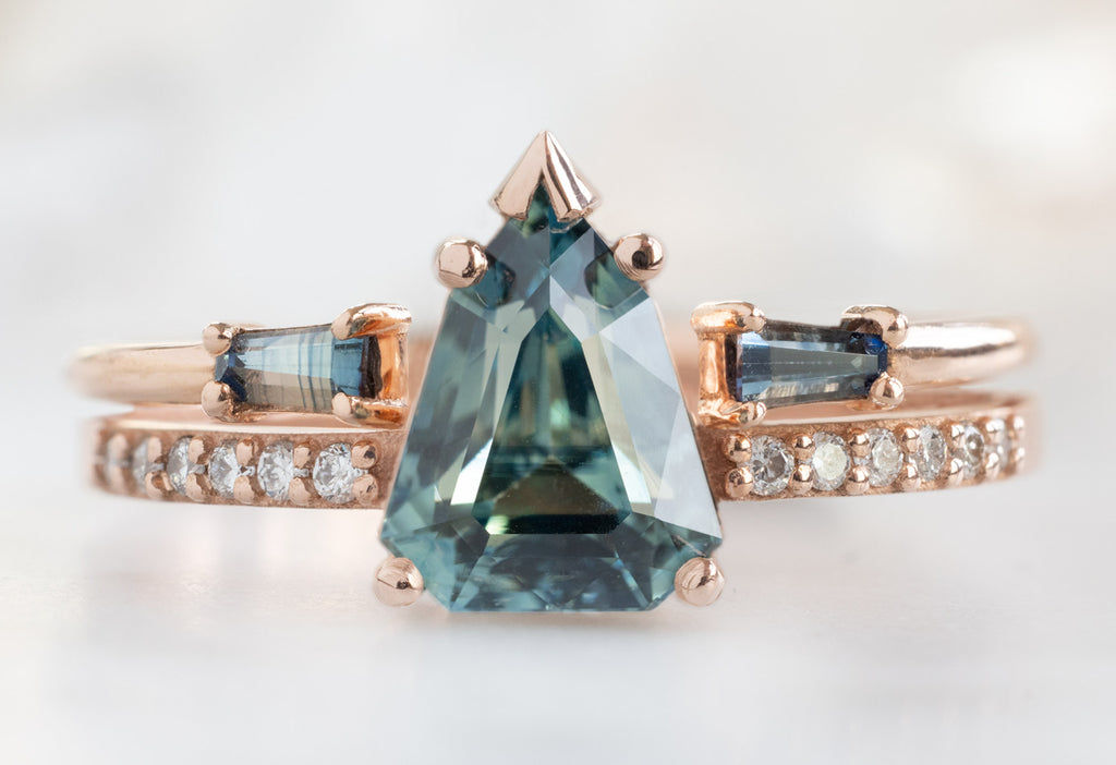 The Willow Ring with a Geometric Sapphire with Open Cuff Montana Sapphire Baguette Stacking Band