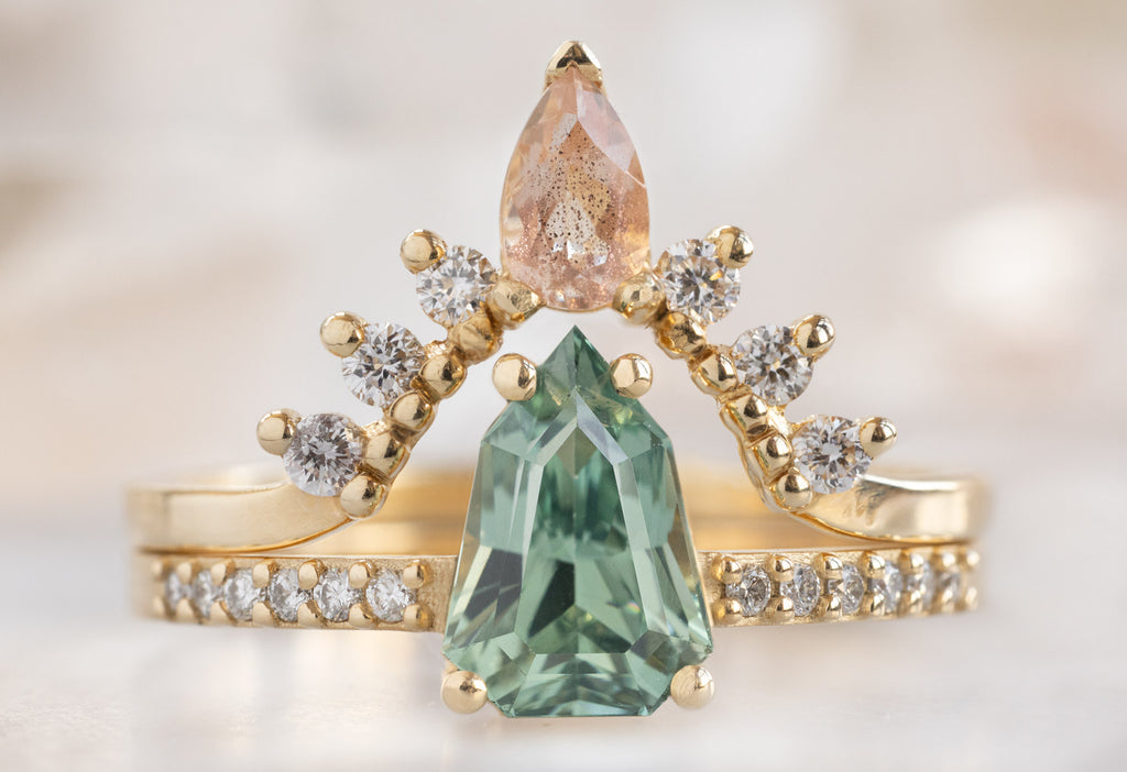 The Willow Ring with a Geometric Sapphire with Sunstone and Diamond Sunburst Stacking Band