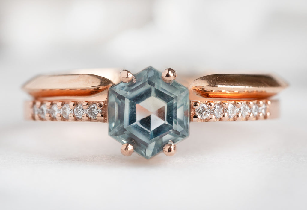 The Willow Ring with a Hexagon-Cut Montana Sapphire with Knife-Edge Wedding Band