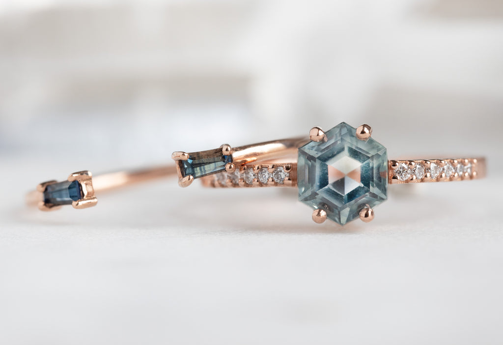 The Willow Ring with a Hexagon-Cut Montana Sapphire with Sapphire Wedding Band