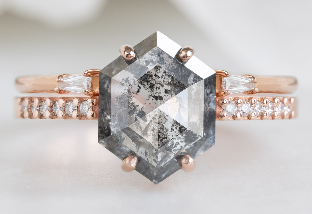 The Willow Ring with a Salt and Pepper Hexagon Diamond with Open Cuff Baguette Stacking Band
