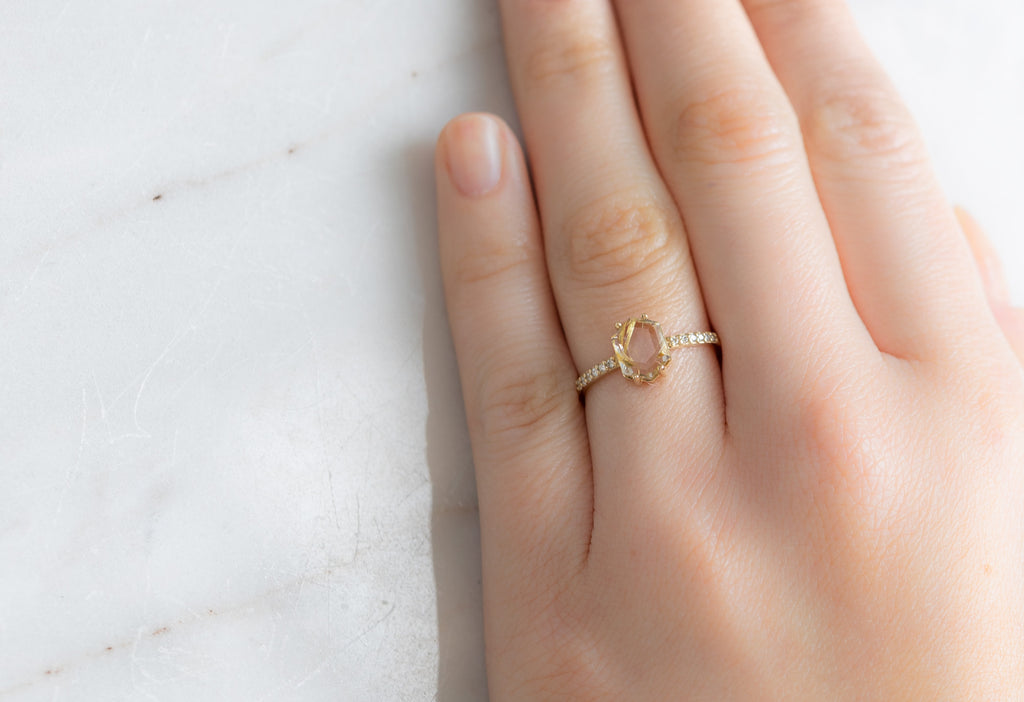 The Willow Ring with a Hexagon Rutilated Quartz on Model