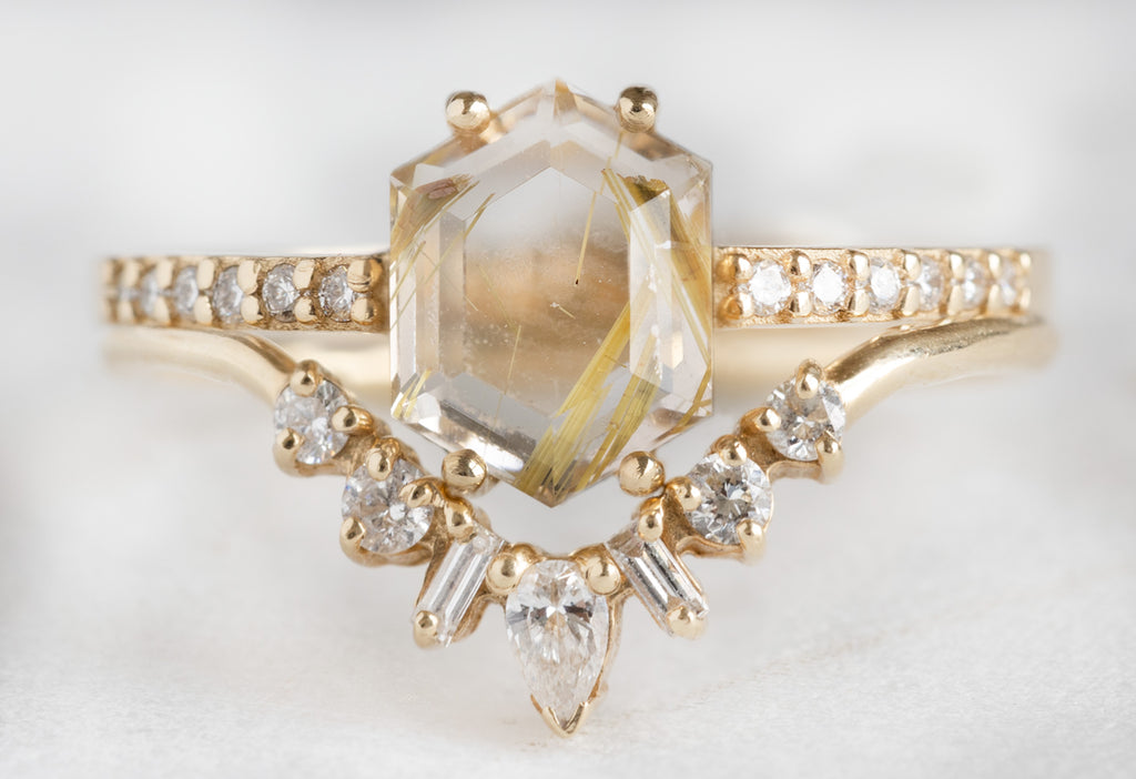 The Willow Ring with a Hexagon Rutilated Quartz with Stacking Band